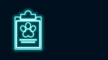 Siyah arka planda izole edilmiş tıbbi klinik evcil hayvan ikonu olan parlak neon çizgi panosu. Sağlık sigortası formu. Tıbbi kontrol işaretleri raporu. 4K Video hareketli grafik canlandırması