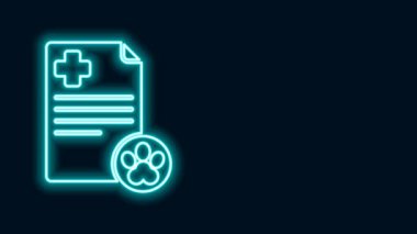 Siyah arka planda izole edilmiş tıbbi klinik evcil hayvan ikonu olan parlak neon çizgi panosu. Sağlık sigortası formu. Tıbbi kontrol işaretleri raporu. 4K Video hareketli grafik canlandırması