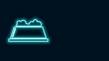 Siyah arka planda izole edilmiş kedi ya da köpek ikonu için parlayan neon hattı evcil hayvan yemek kasesi. Köpek ya da kedi pençesi izi. 4K Video hareketli grafik canlandırması