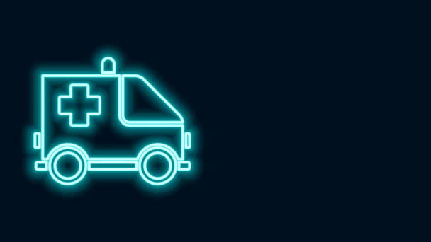 Ligne de néon lumineux Ambulance et icône de voiture de secours isolé sur fond noir. Évacuation médicale du véhicule ambulancier. Animation graphique de mouvement vidéo 4K — Video