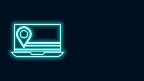 Lumineux néon ligne ordinateur portable avec icône marqueur de localisation isolé sur fond noir. Animation graphique de mouvement vidéo 4K — Video