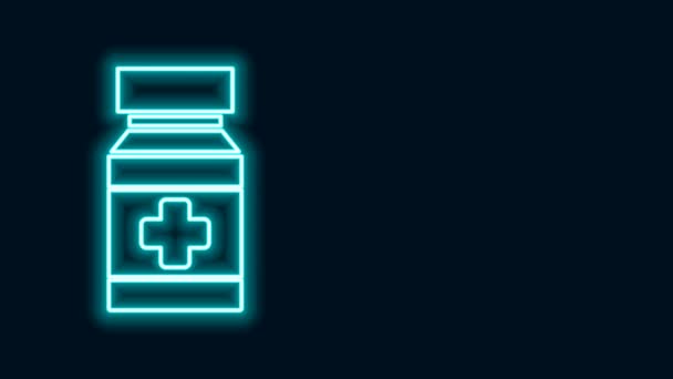 Žhnoucí neonová čára Pes lék láhev a pilulky ikona izolované na černém pozadí. Kontejner s prášky. Lék na předpis pro zvířata. Grafická animace pohybu videa 4K — Stock video