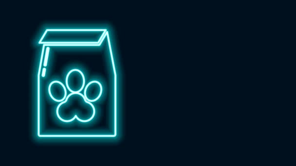 Linea neon incandescente Sacchetto di cibo per l'icona animale domestico isolato su sfondo nero. Cibo per animali. Pacchetto cibo per animali. Impronta zampa cane o gatto. Animazione grafica 4K Video motion — Video Stock