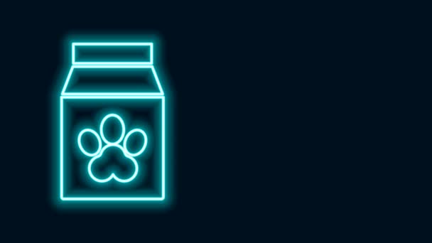 Glowing neon line Bag of food for pet icon isolated on black background. Food for animals. Pet food package. Dog or cat paw print. 4K Video motion graphic animation — Stock Video