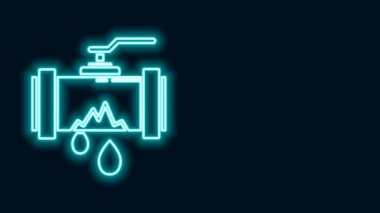 Parlak neon hattı kırık metal boru ve siyah arkaplanda sızıntı yapan ikon. 4K Video hareketli grafik canlandırması
