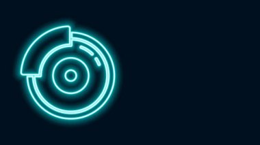 Siyah arkaplanda izole edilmiş kalibre ikonu olan parlak neon çizgili araba fren diski. 4K Video hareketli grafik canlandırması