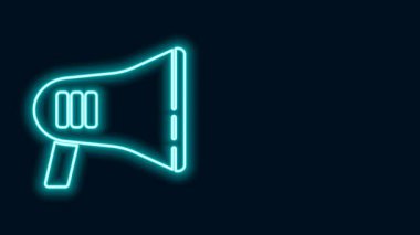 Parlayan neon hattı Megafon simgesi siyah arkaplanda izole edildi. Yüksek sesle konuşma uyarısı. Ağızlık için megafon, terfi diye bağırıyor. 4K Video hareketli grafik canlandırması
