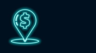 Parlayan neon hattı Cash lokasyon simgesi siyah arkaplanda izole edildi. İşaretçi ve dolar sembolü. Para yeri. İş ve yatırım konsepti. 4K Video hareketli grafik canlandırması
