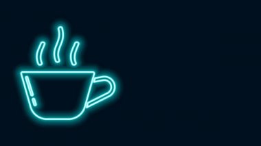Parlayan neon hattı kahve fincanı simgesi siyah arka planda izole edilmiş. Çay fincanı. Sıcak içecek kahvesi. 4K Video hareketli grafik canlandırması