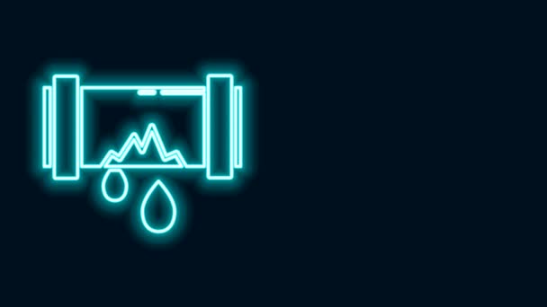 Linea neon incandescente Tubo metallico rotto con icona dell'acqua che perde isolato su sfondo nero. Animazione grafica 4K Video motion — Video Stock