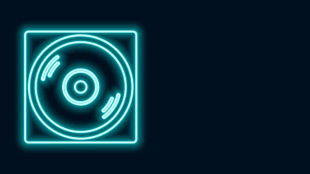Zářící neonová linka Vinyl přehrávač s ikonou vinylového disku izolované na černém pozadí. Grafická animace pohybu videa 4K — Stock video