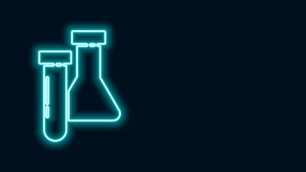 Tabung pengujian garis neon yang bercahaya dan ikon uji laboratorium kimia labu diisolasi pada latar belakang hitam. Peralatan gelas laboratorium. Animasi grafis gerak Video 4K — Stok Video