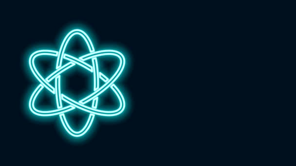 Świecąca neonowa ikona Atom odizolowana na czarnym tle. Symbol nauki, edukacji, fizyki jądrowej, badań naukowych. 4K Animacja graficzna ruchu wideo — Wideo stockowe