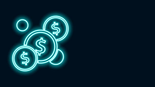 Žhnoucí neonová čára Peníze na mince s ikonou symbolu dolaru izolované na černém pozadí. Bankovní směnka. Hotovostní symbol. Grafická animace pohybu videa 4K — Stock video