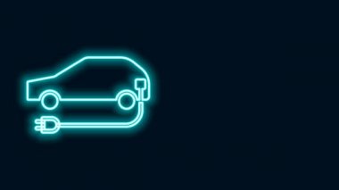 Parlak neon hattı elektrikli araba ve elektrik kablosu şarj ikonu siyah arka planda izole edildi. Yenilenebilir ekolojik teknolojiler. 4K Video hareketli grafik canlandırması