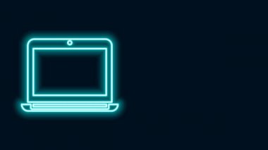 Parlayan neon hattı dizüstü bilgisayar simgesi siyah arkaplanda izole edildi. Boş ekran işaretli bilgisayar defteri. 4K Video hareketli grafik canlandırması