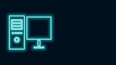 Parlayan neon hattı bilgisayar monitörü simgesi siyah arkaplanda izole edildi. Bilgisayar bileşeni işareti. 4K Video hareketli grafik canlandırması