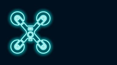 Parlayan neon hattı İHA uçan ikonu siyah arka planda izole edildi. Video ve fotoğraf makinesi sembollü dörtlü helikopter. 4K Video hareketli grafik canlandırması