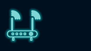 Parlayan neon hat Router ve kablosuz bağlantı sembolü simgesi siyah arkaplanda izole edildi. Kablosuz ethernet modem yönlendirici. Bilgisayar teknolojisi interneti. 4K Video hareketli grafik canlandırması