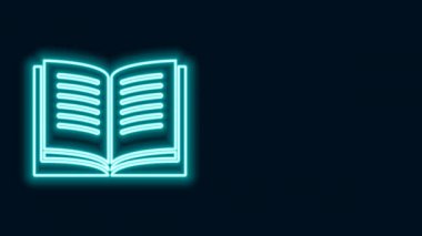 Parlayan neon hattı Açık kitap simgesi siyah arkaplanda izole edildi. 4K Video hareketli grafik canlandırması