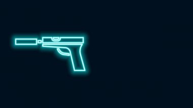 Siyah arka planda izole edilmiş parlak neon hattı tabanca ya da susturucu ikonu olan silah. 4K Video hareketli grafik canlandırması