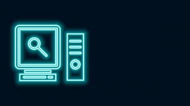 Bilgisayar ekranındaki parlak neon hattı araması siyah arkaplanda izole edildi. Ekran ve büyüteç. 4K Video hareketli grafik canlandırması