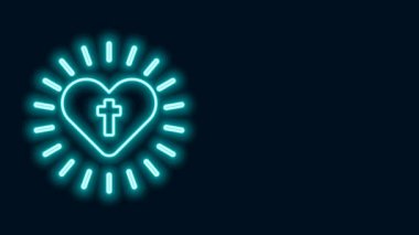 Parlayan neon hattı Hıristiyan haçı ve kalp ikonu siyah arka planda izole edilmiş. Mutlu Paskalyalar. 4K Video hareketli grafik canlandırması