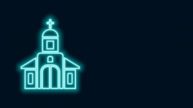 Parlayan neon hattı kilise binası simgesi siyah arka planda izole edildi. Hıristiyan Kilisesi. Kilisenin dini. 4K Video hareketli grafik canlandırması