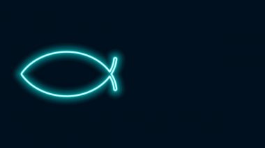 Parlayan neon hattı Hıristiyan balık sembolü siyah arka planda izole edilmiş. İsa 'nın balık sembolü. 4K Video hareketli grafik canlandırması