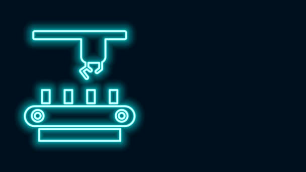 Žhnoucí neonová čára Tovární dopravníkový systém ikona pásu izolované na černém pozadí. Koncept robotického průmyslu. Grafická animace pohybu videa 4K — Stock video