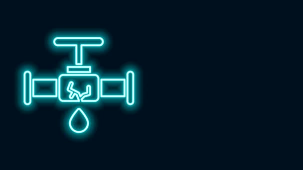 Linha de néon brilhante Tubo de metal quebrado com ícone de água vazando isolado no fundo preto. Animação gráfica em movimento de vídeo 4K — Vídeo de Stock