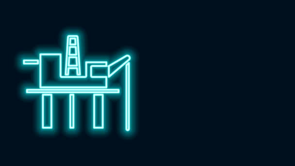 发光的霓虹灯线油平台上的海图标隔离在黑色的背景.海上钻机。石油平台，天然气燃料，工业离岸。4K视频运动图形动画 — 图库视频影像