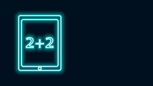Светящийся неоновая линия планшет с значком калькулятора изолированы на черном фоне. Символ бухгалтерии. Математическое образование. Видеографическая анимация 4K — стоковое видео