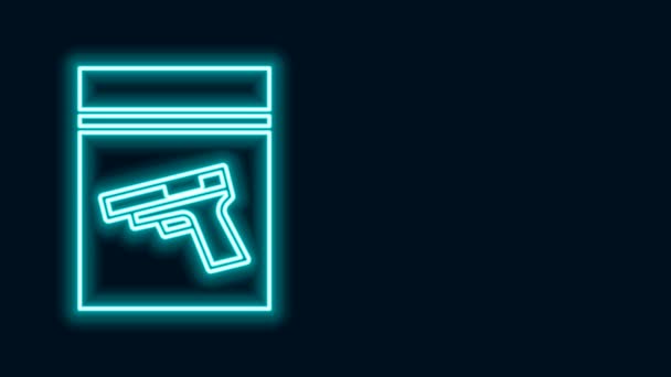 Linea al neon luminosa Borsa per le prove e icona con pistola o pistola isolata su sfondo nero. Animazione grafica 4K Video motion — Video Stock