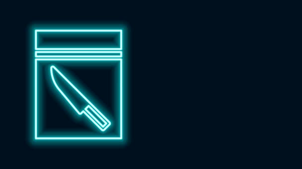 Ragyogó neon vonal Bizonyíték táska és kés ikon elszigetelt fekete háttérrel. 4K Videó mozgás grafikus animáció — Stock videók