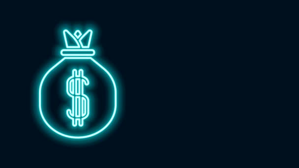 Glowing neon line Money bag icon isolated on black background. Dollar or USD symbol. Cash Banking currency sign. 4K Video motion graphic animation — Stock Video