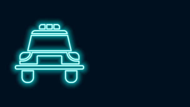 亮晶晶的霓虹灯线警车和警用挡泥板图标隔离在黑色背景。紧急闪闪警笛4K视频运动图形动画 — 图库视频影像