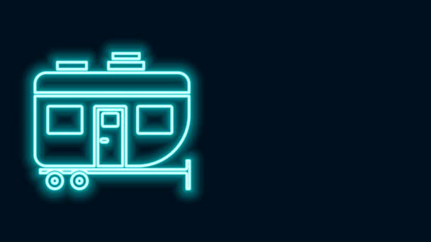 Lumineux néon ligne Rv Camping remorque icône isolée sur fond noir. Voyage mobile home, caravane, camping-car pour les voyages. Animation graphique de mouvement vidéo 4K — Video
