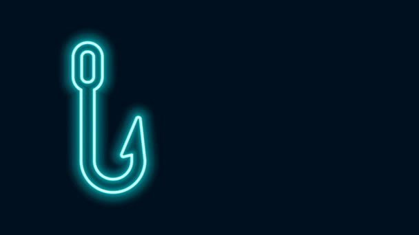 Glödande neon line Fiske krok ikon isolerad på svart bakgrund. Fiskeutrustning. 4K Video motion grafisk animation — Stockvideo