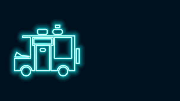 Glødende neon linje Rv Camping trailer ikon isoleret på sort baggrund. Rejs mobile home, campingvogn, home camper til rejser. 4K Video bevægelse grafisk animation – Stock-video