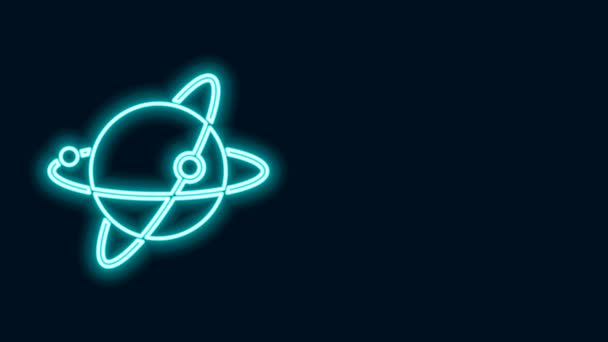 Línea de neón brillante Satélites artificiales orbitando el planeta Tierra en el icono del espacio exterior aislados sobre fondo negro. Comunicación, concepto de navegación. Animación gráfica de vídeo 4K — Vídeo de stock