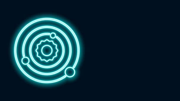Leuchtende Leuchtschrift Das Symbol des Sonnensystems isoliert auf schwarzem Hintergrund. Die Planeten kreisen um den Stern. 4K Video Motion Grafik Animation — Stockvideo