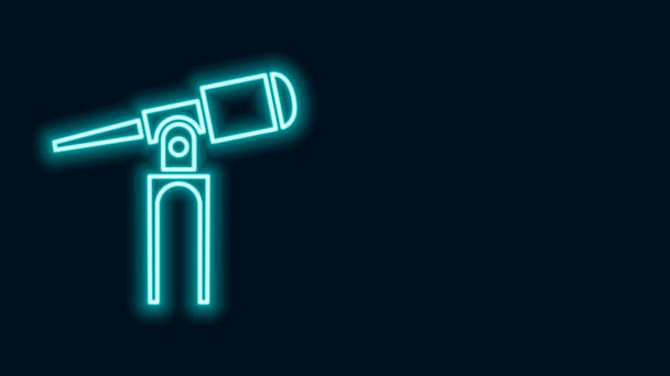Glödande neon line teleskop ikon isolerad på svart bakgrund. Vetenskapligt verktyg. Utbildning och astronomi element, spyglass och studera stjärnor. 4K Video motion grafisk animation — Stockvideo