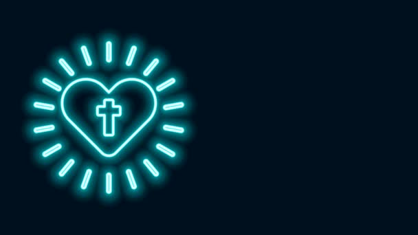 Glowing neon line Christian cross and heart icon isolated on black background. Happy Easter. 4K Video motion graphic animation — Stock Video