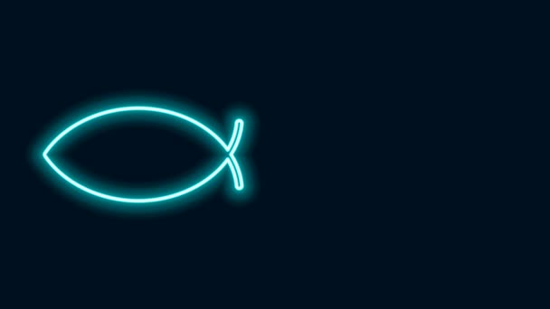 Icono de símbolo de pez cristiano de línea de neón brillante aislado sobre fondo negro. Jesús pez símbolo. Animación gráfica de vídeo 4K — Vídeo de stock