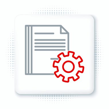 Beyaz arkaplan üzerinde izole edilmiş dişli simgesi olan satır belgesi ayarları. Yazılım güncellemesi, transfer protokolü, takım çalışması araç yönetimi. Renkli taslak konsepti. Vektör.