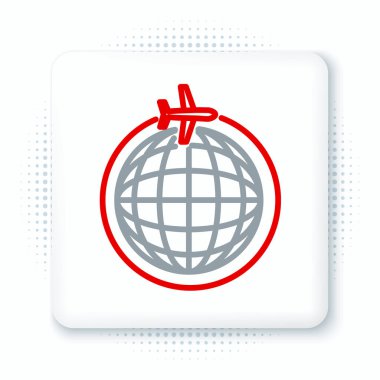 Uçan uçak ikonuna sahip Line Globe beyaz arka planda izole edildi. Uçak Dünya 'nın etrafında uçuyor. Uçak dünyası ikonu. Renkli taslak konsepti. Vektör.
