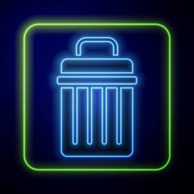 Parlayan neon çöp kutusu simgesi mavi arkaplanda izole edildi. Çöp kutusu tabelası. Sepet simgesini geri dönüştür. Ofis çöpü ikonu. Vektör İllüstrasyonu.