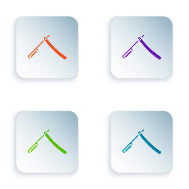 Beyaz arkaplanda izole edilmiş renkli düz jilet simgesi. Berber dükkanı sembolü. Kare düğmelere renkli simgeleri yerleştir. Vektör İllüstrasyonu.