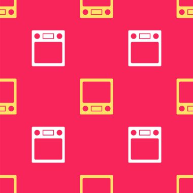 Sarı Elektronik ölçekli simge kırmızı arkaplanda izole edilmiş kusursuz desen. Ağırlık ölçüm aletleri. Vektör.